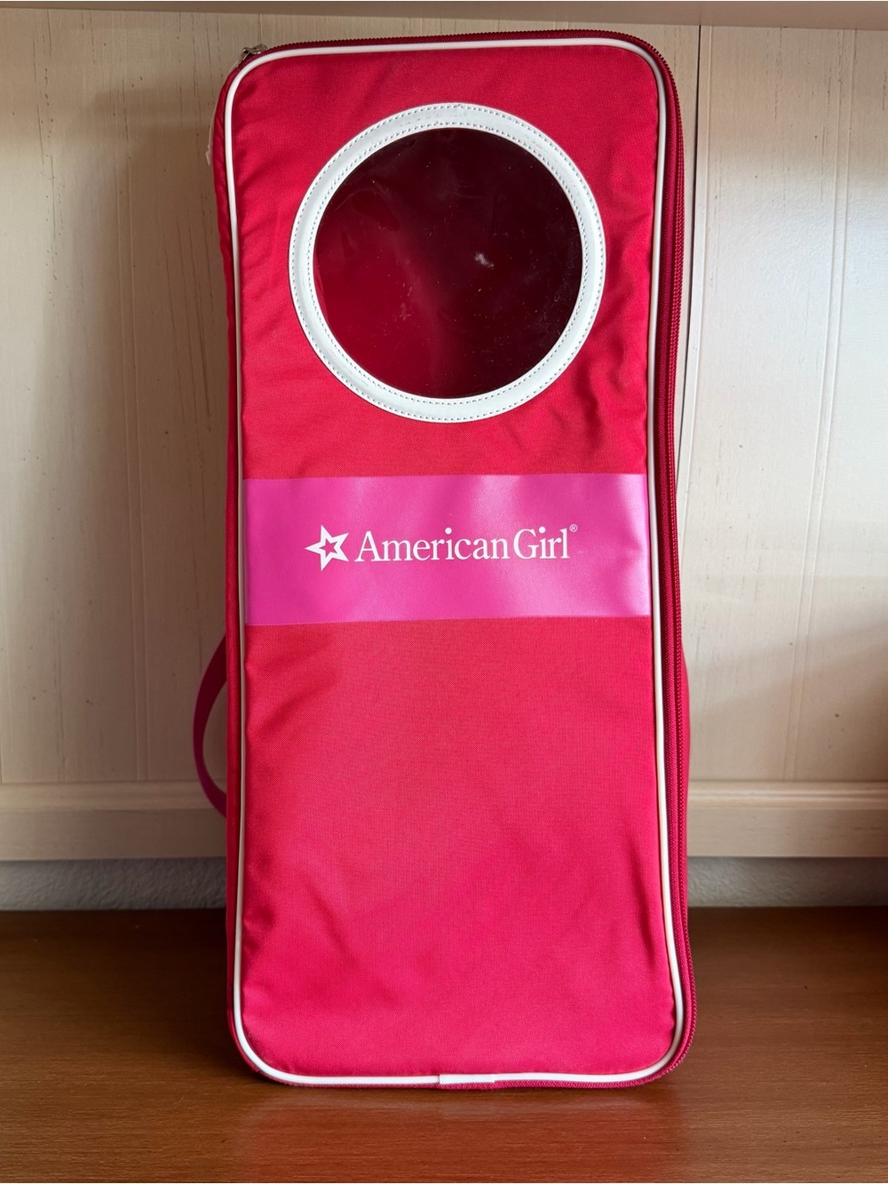 American Girl Pink 18 in Doll Carry Bag Adjustable Strap Zipper Window Pockets